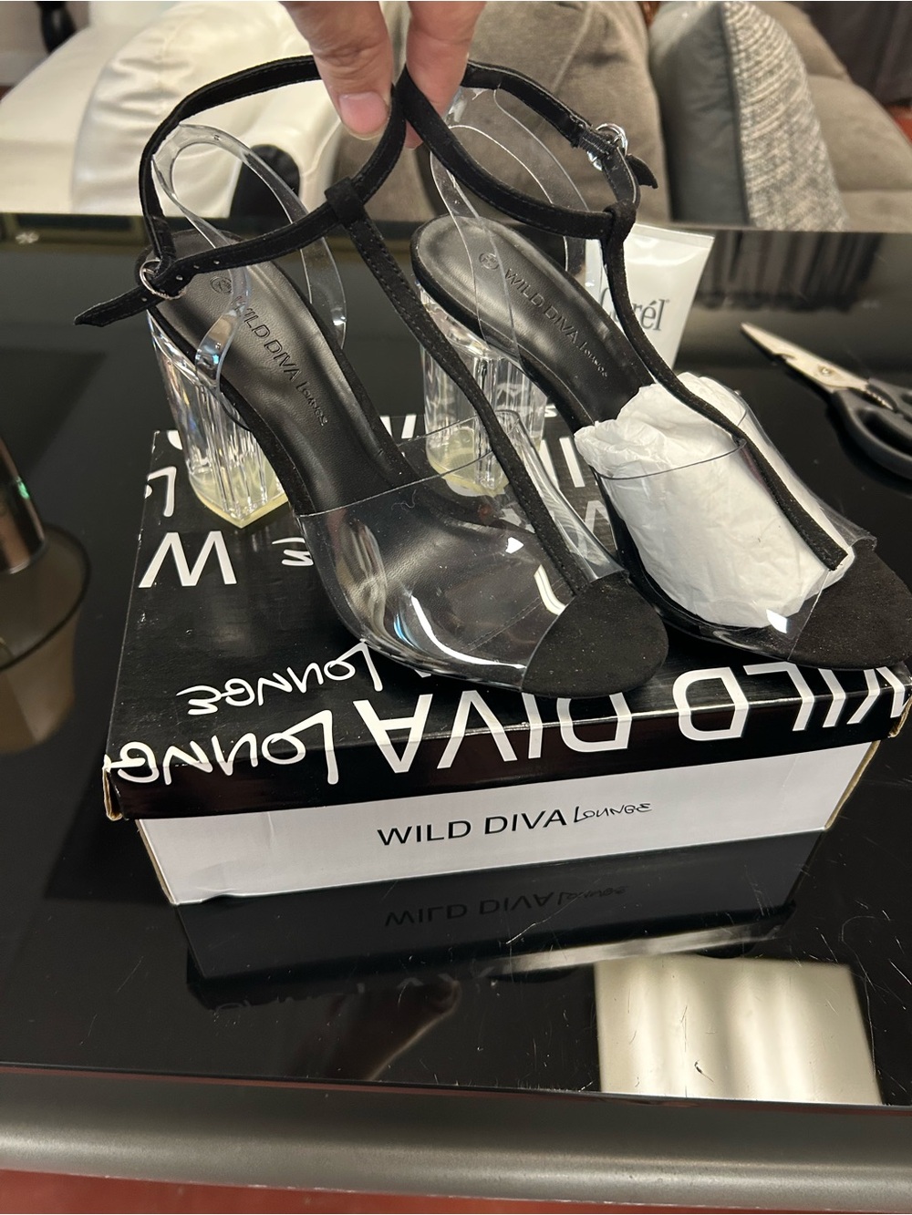 Wild Diva Black Suede T-Strap Clear Block Heel Sandals